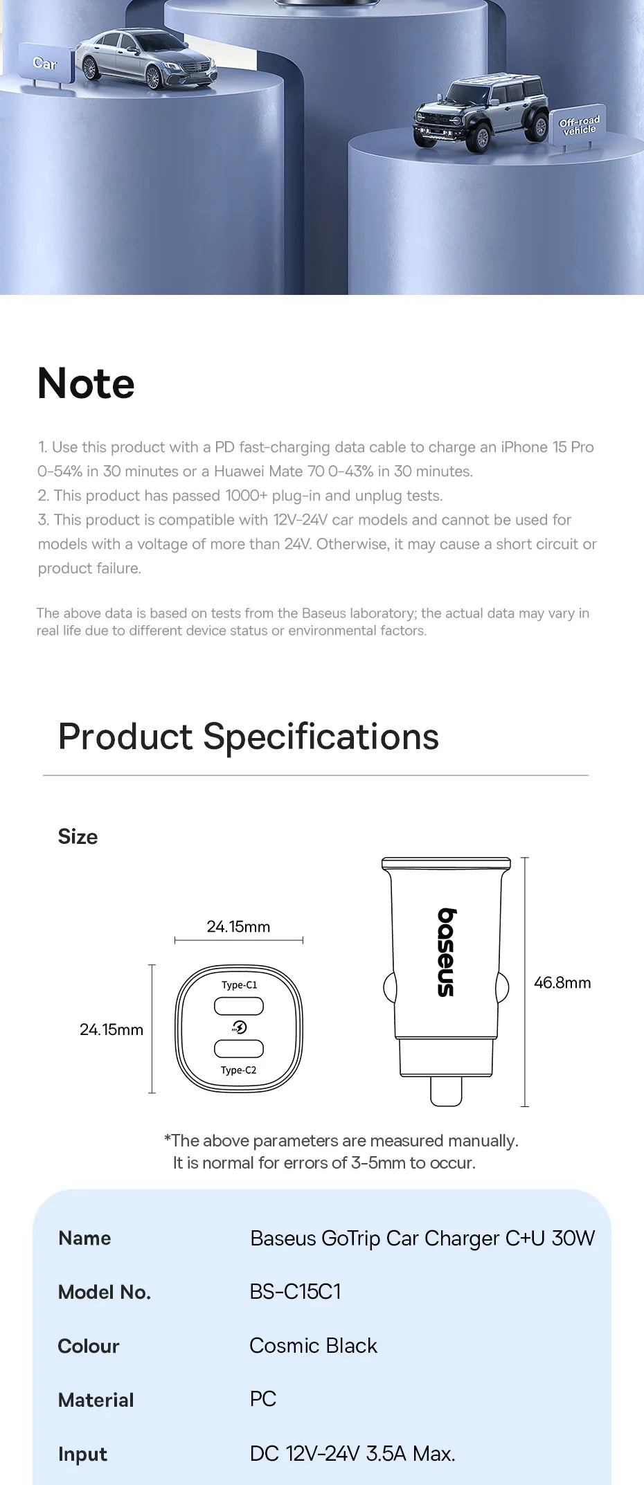 Baseus 30W Car Charger Fast Charging Dual Port USB Type-C PD QC FCP AFC For iPhone 16 15 Samsung S24 S25 Xiaomi Huawei Tablet