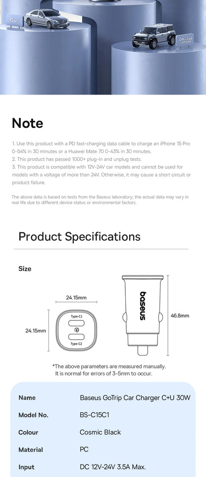 Baseus 30W Car Charger Fast Charging Dual Port USB Type-C PD QC FCP AFC For iPhone 16 15 Samsung S24 S25 Xiaomi Huawei Tablet