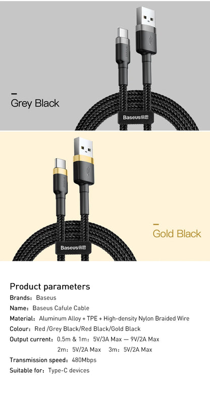 Baseus Fast Charging USB Type C Cable for Samsung S10 S9 Quick Charge 3.0 Cable USB C for Huawei P30 Xiaomi USB-C Charger Wire