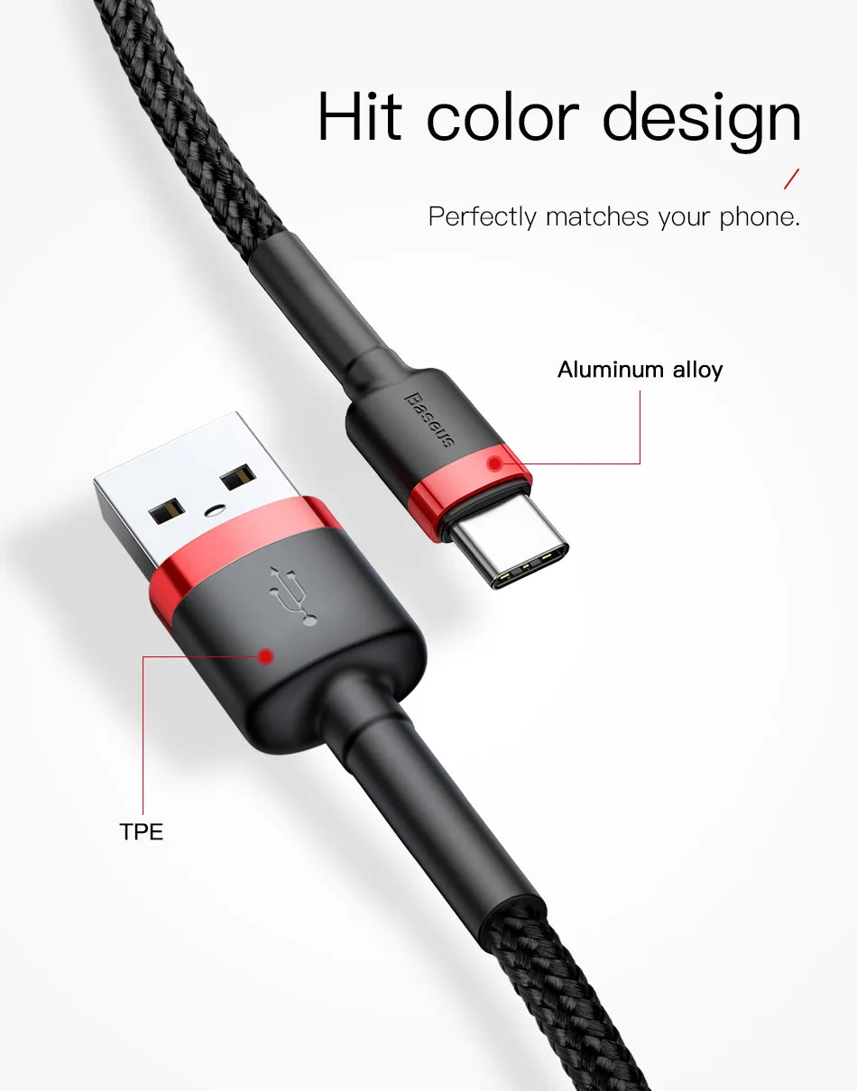 Baseus Fast Charging USB Type C Cable for Samsung S10 S9 Quick Charge 3.0 Cable USB C for Huawei P30 Xiaomi USB-C Charger Wire