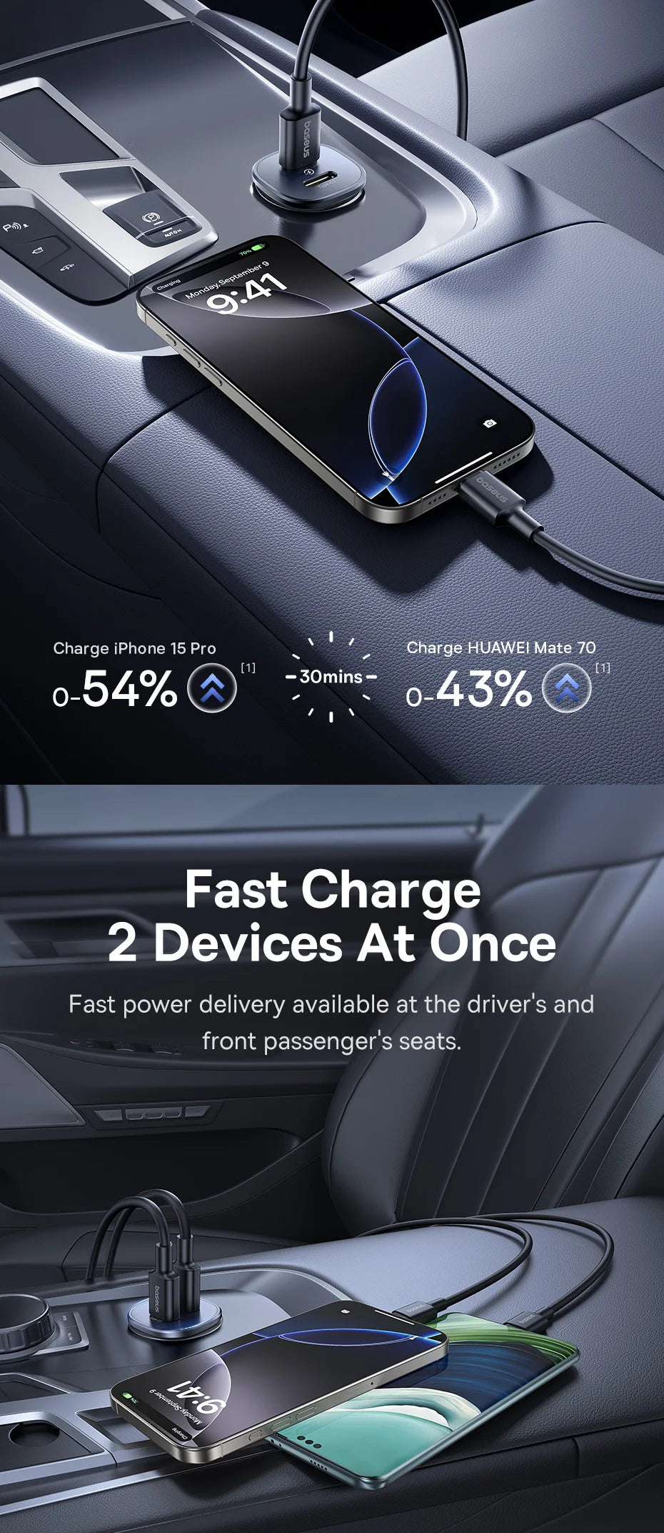 Baseus 30W Car Charger Fast Charging Dual Port USB Type-C PD QC FCP AFC For iPhone 16 15 Samsung S24 S25 Xiaomi Huawei Tablet