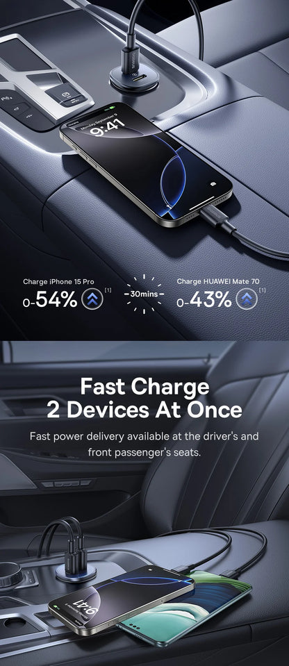 Baseus 30W Car Charger Fast Charging Dual Port USB Type-C PD QC FCP AFC For iPhone 16 15 Samsung S24 S25 Xiaomi Huawei Tablet