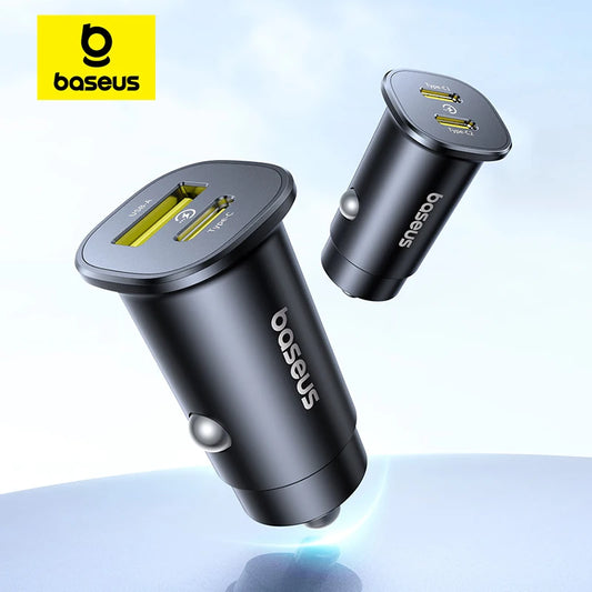 Baseus 30W Car Charger Fast Charging Dual Port USB Type-C PD QC FCP AFC For iPhone 16 15 Samsung S24 S25 Xiaomi Huawei Tablet