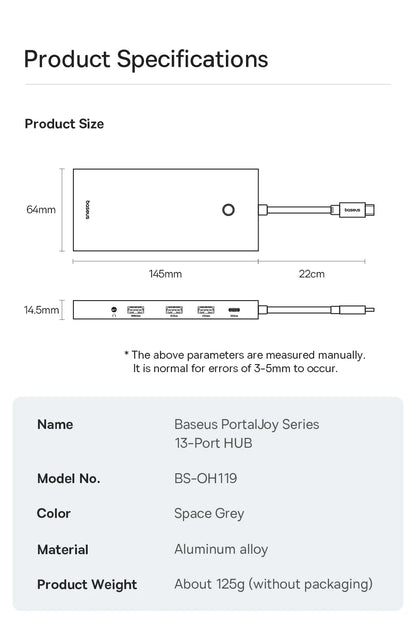 Baseus USB C Hub Type C to HDMI USB HUB Adapter 13-In-1 DP 4K 60Hz 120Hz RJ45 VGA Converter PD 100W USB A 3.1 2.0 For Macbook PC