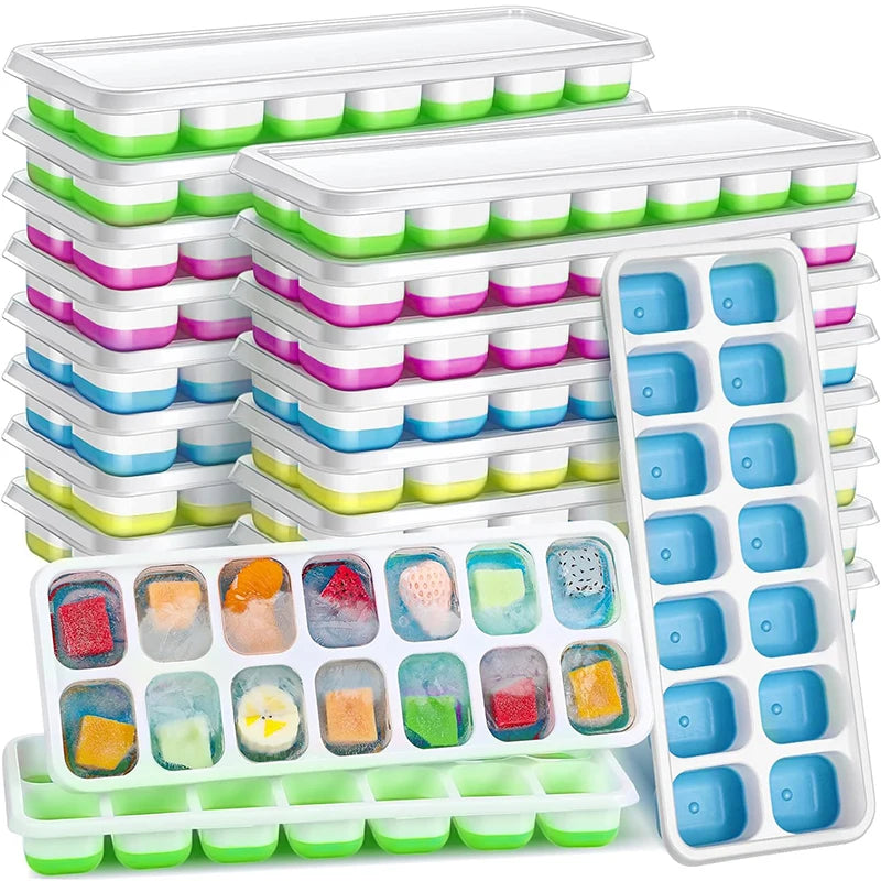 Ice Cube Tray Silicone Mold with Cover Square 14-cube Easy Release Ice Cube Molds Summer Kitchen Bar DIY Iced Drink Maker Tools