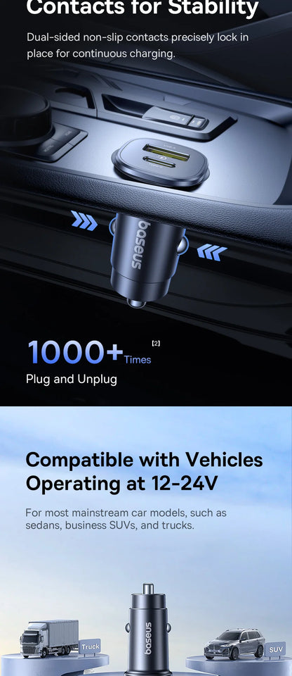 Baseus 30W Car Charger Fast Charging Dual Port USB Type-C PD QC FCP AFC For iPhone 16 15 Samsung S24 S25 Xiaomi Huawei Tablet