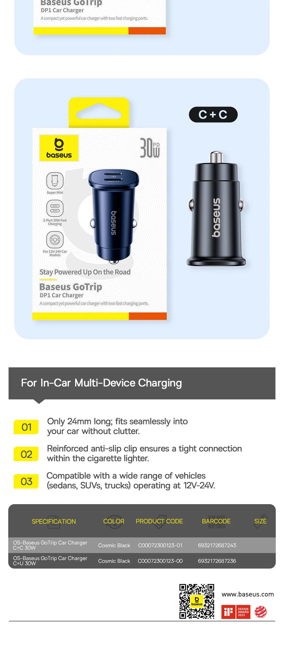 Baseus 30W Car Charger Fast Charging Dual Port USB Type-C PD QC FCP AFC For iPhone 16 15 Samsung S24 S25 Xiaomi Huawei Tablet