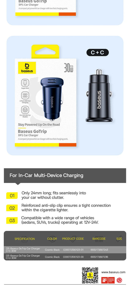 Baseus 30W Car Charger Fast Charging Dual Port USB Type-C PD QC FCP AFC For iPhone 16 15 Samsung S24 S25 Xiaomi Huawei Tablet