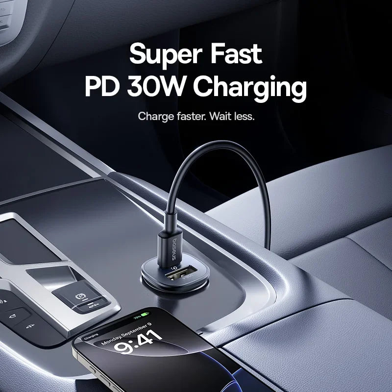 Baseus 30W Car Charger Fast Charging Dual Port USB Type-C PD QC FCP AFC For iPhone 16 15 Samsung S24 S25 Xiaomi Huawei Tablet