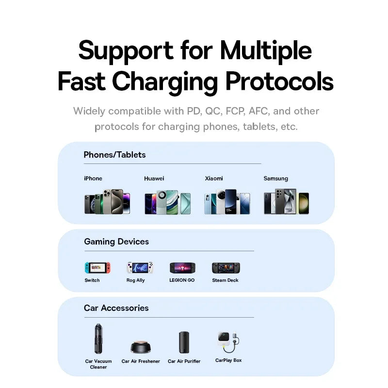 Baseus 30W Car Charger Fast Charging Dual Port USB Type-C PD QC FCP AFC For iPhone 16 15 Samsung S24 S25 Xiaomi Huawei Tablet
