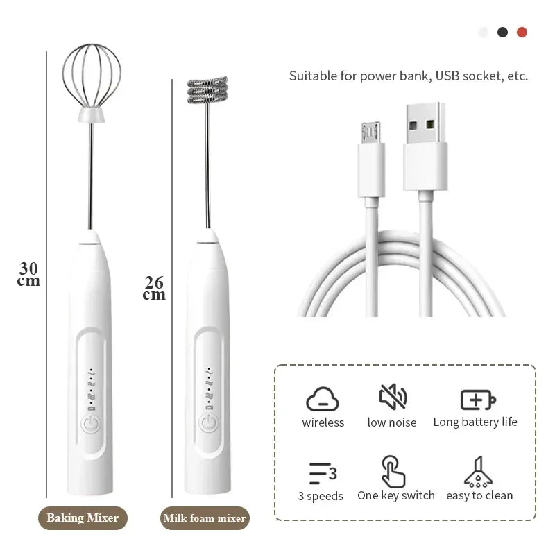 2-in-1 Electric Milk Frother & Egg Beater – USB Rechargeable with Double Heads