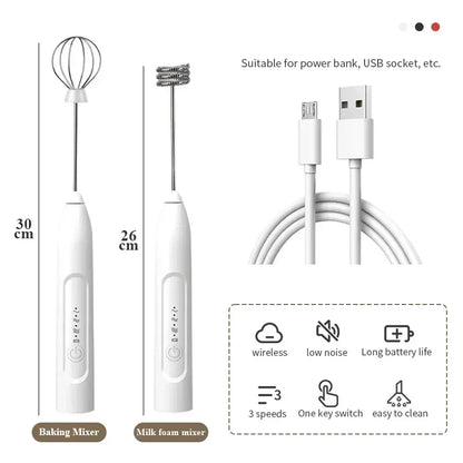2-in-1 Electric Milk Frother & Egg Beater – USB Rechargeable with Double Heads
